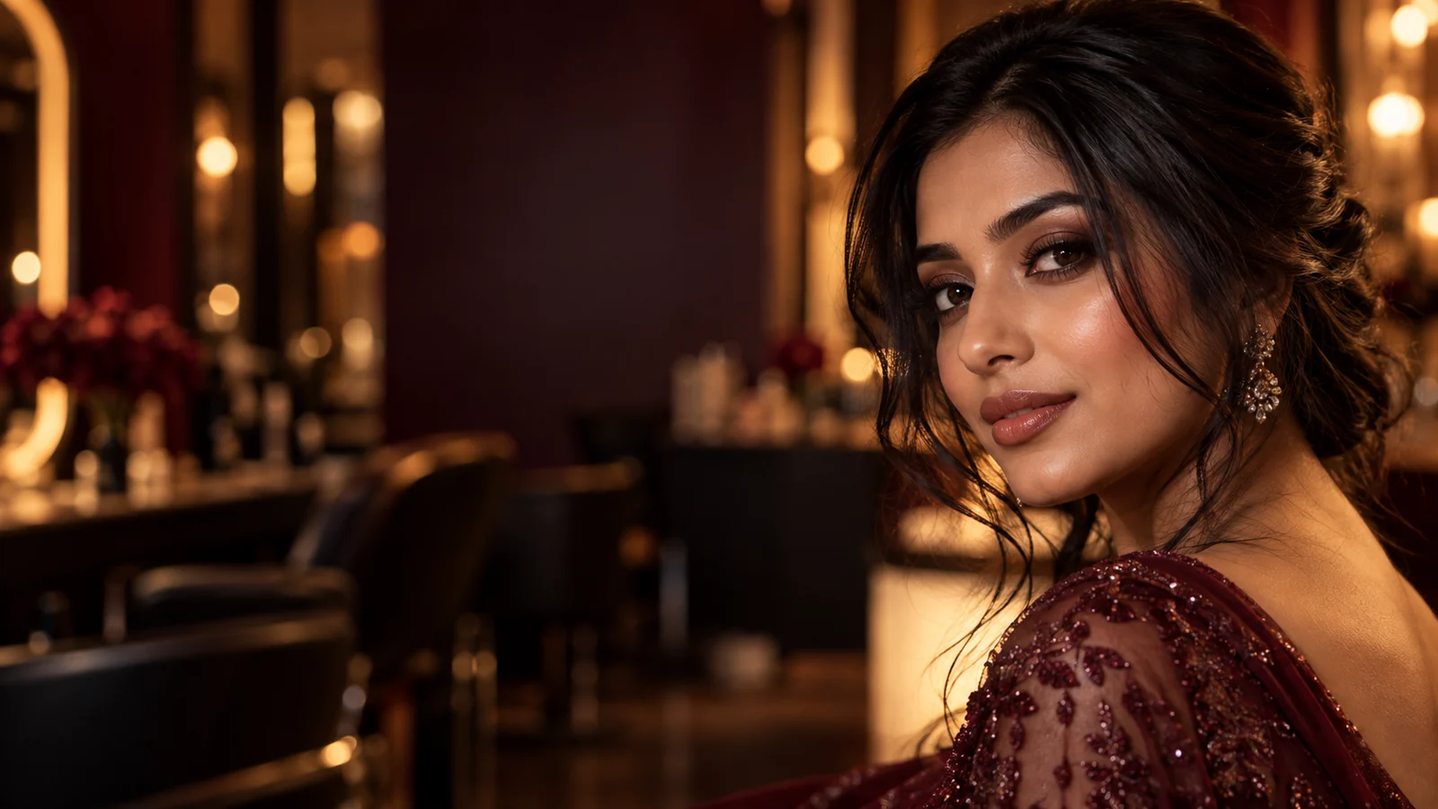Beauty portrait in a warmly lit salon